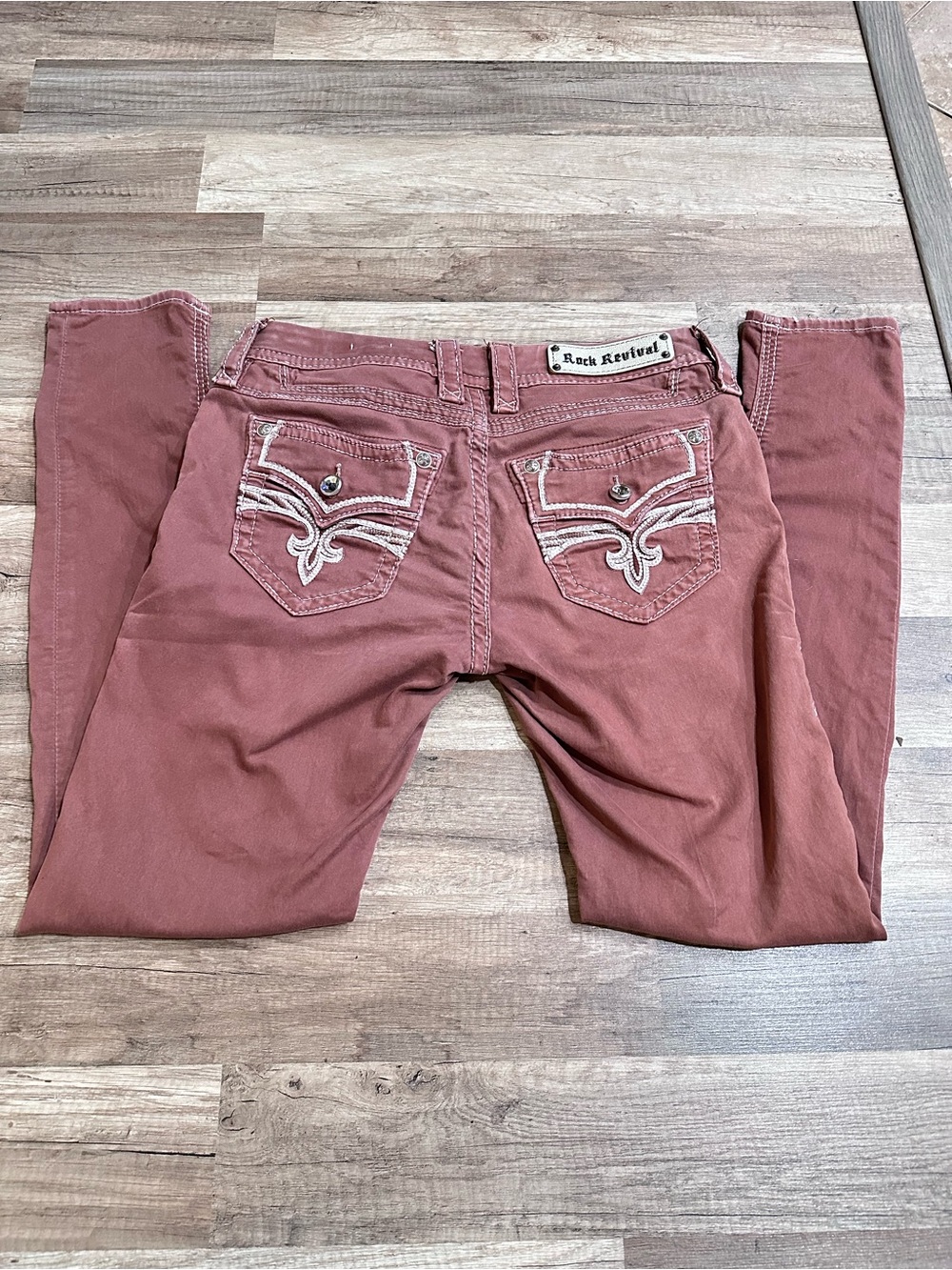 Rock Revival Women's Dusty Burnt Orange Skinny Jeans with Embroidered Pockets